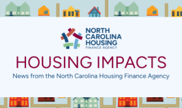 Background with multi-color houses and foreground that says Housing Impacts with Agency logo
