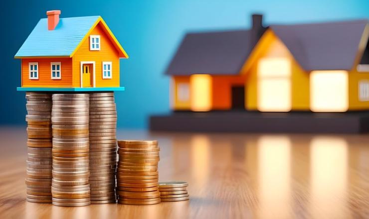 A house sitting on a stack of coins with another house in the background